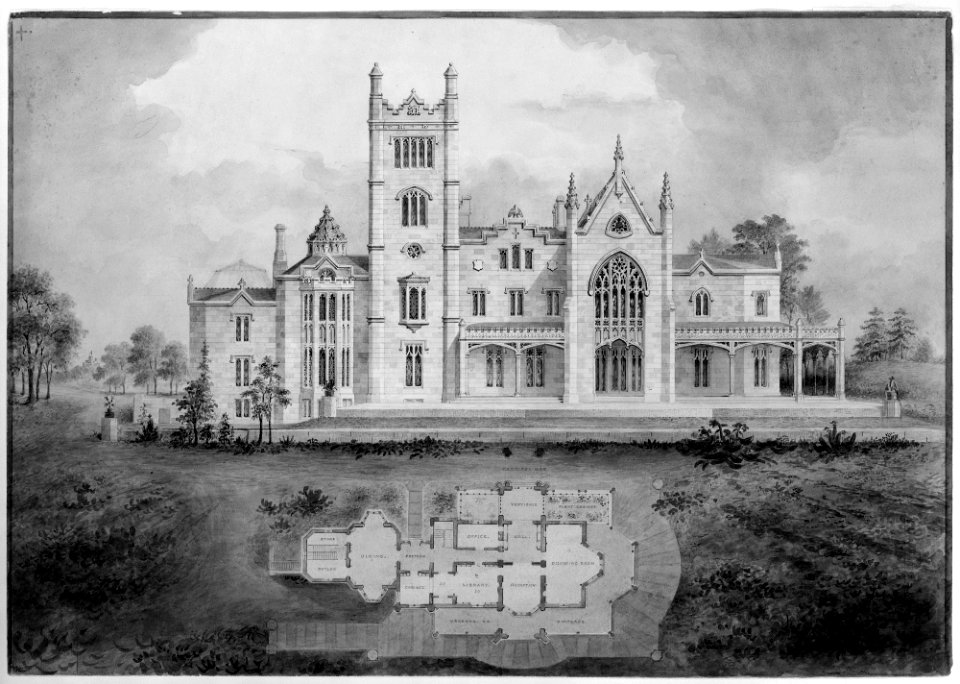 Lyndhurst for George Merritt, Tarrytown, New York (west -rear- elevation and plan) MET MM6357