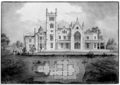 Lyndhurst for George Merritt, Tarrytown, New York (west -rear- elevation and plan) MET MM6357