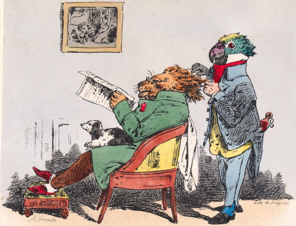 Lion and parrot - "What do you think of the expedition?" from Metamorphoses of the Day Met DP887439 (cropped)