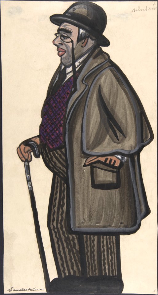 Man wearing a purple and red vest, with a pince-nez and bowler MET DP804824