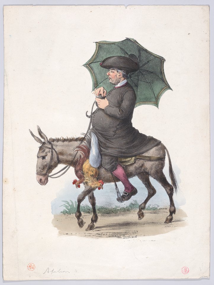 Man riding a donkey holding an umbrella and two roosters Met DP889734
