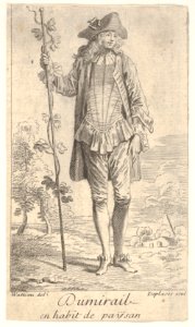 Man in tricorn hat and overcoat, shown in frontal view and holding a staff with a winding vine, landscape with trees beyond MET DP834134. Free illustration for personal and commercial use.