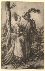 Lord and lady walking with figure of death hiding behind a tree, holding an hourglass, after Dürer MET DP820345