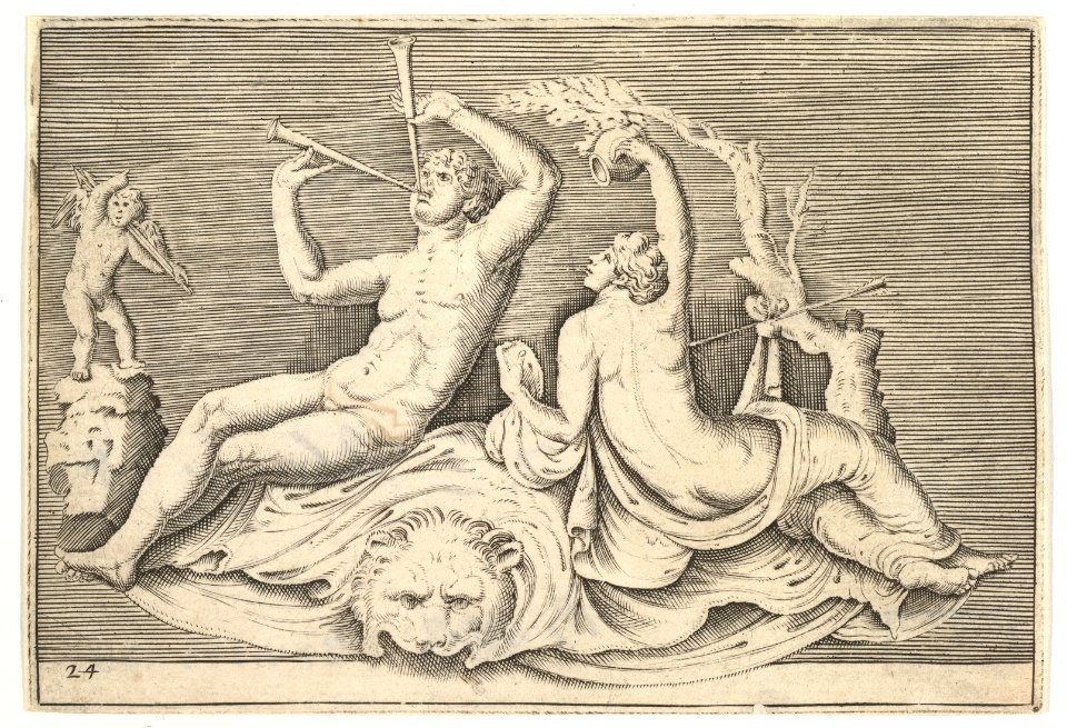Man Playing Two Flutes and Woman on Lionskin MET DP820864