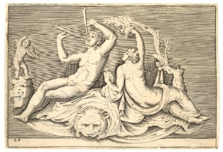 Man Playing Two Flutes and Woman on Lionskin MET DP820864