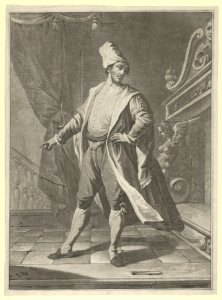 Man in Venetian costume standing before a large fireplace, right arm outstretched MET DP853462