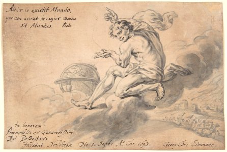 Man Sitting on a Cloud Above a Battlefield, Pointing to a Globe MET DP803233
