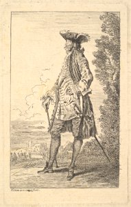 Man walking and carrying a cane in his right hand, shown in three-quarters view with his head turned away from the viewer, from the series 'Figures of fashion' (Figures de modes) MET DP829189. Free illustration for personal and commercial use.