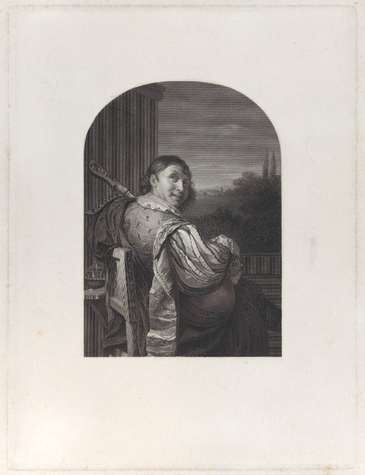 Man seated with a musical instrument, seen from behind Met DP885879