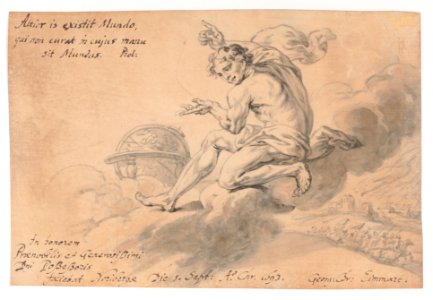 Man Sitting on a Cloud Above a Battlefield, Pointing to a Globe MET DP145140