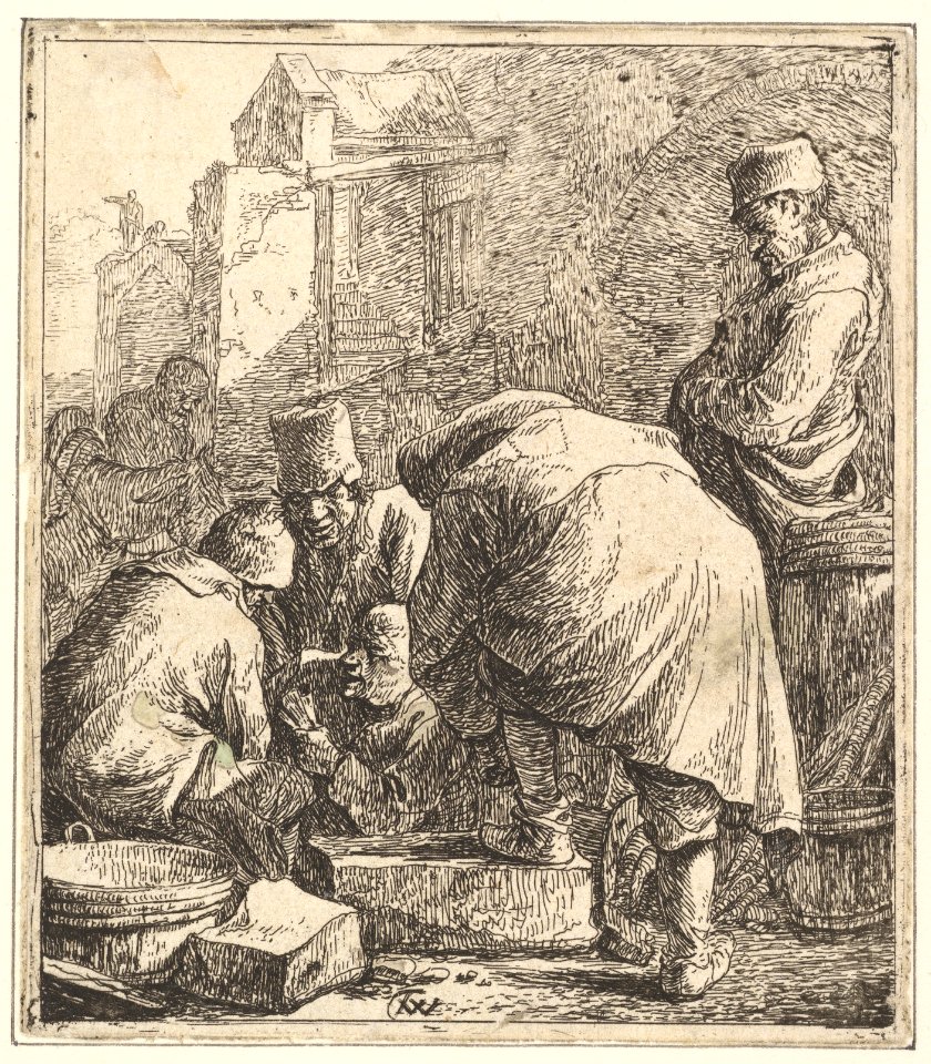 Man Adjusting His Footwear, at Left Three Men Playing Cards MET DP828631