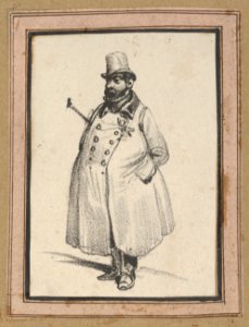 Man wearing a coat and a hat with a cane under his arm MET DP841211