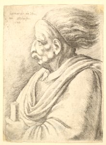Man with caricatured features and hair streaming behind, in half-length to left MET DP823714