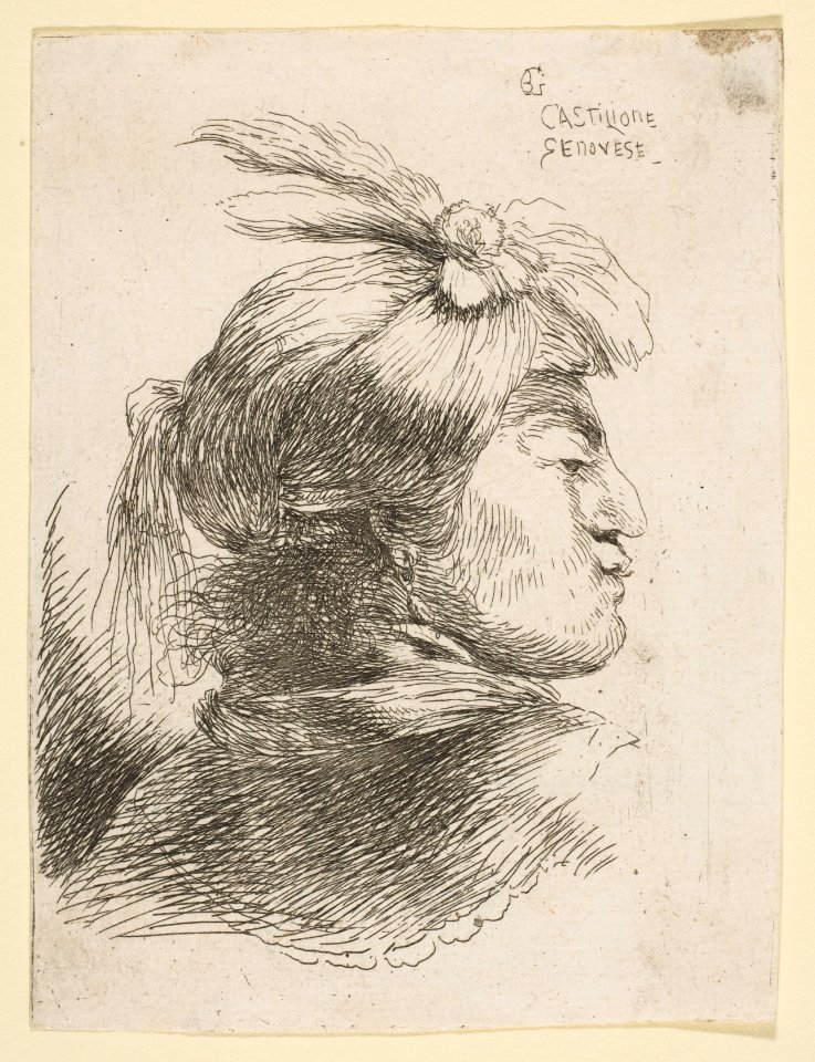 Man Wearing a Small Turban Ornamented with Plumes and a Ribbon, Facing Right, from Series of Small Heads in Oriental Headdress MET DP816642