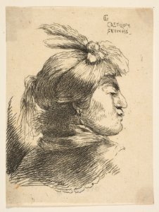 Man Wearing a Small Turban Ornamented with Plumes and Ribbon, Facing Right, from Studies of Small Heads in Oriental Headdress MET DP816639