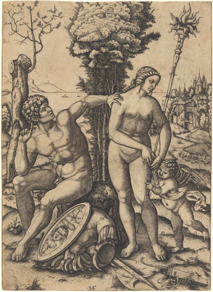 Mars seated at the left, his left hand on Venus's shoulder, cupid beside her at the right MET DP215647