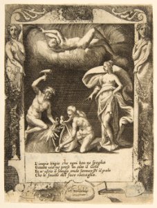 Litigium removed from the body of Chaos while his mother is thrown into the air, set within a frame, from the 'Loves, Rages and Jealousies of Juno' MET DP812650