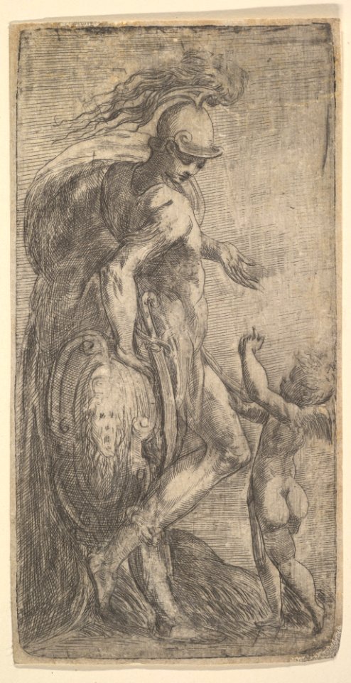 Mars standing at the left leaning on a shield, Cupid at the right MET DP823430