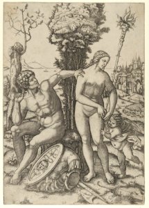 Mars seated at the left, his left hand on Venus's shoulder, cupid beside her at the right MET DP854040