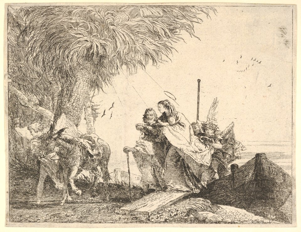 Mary, helped by Joseph and an angel, stepping from a boat to the shore, an angel steadies a donkey before her, from the series 'The Flight into Egypt' MET DP832535