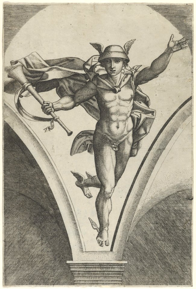 Mercury descending from the sky a trumpet in his right hand after Raphael's fresco in the Chigi Gallery of the Villa Farnesina in Rome MET DP853525