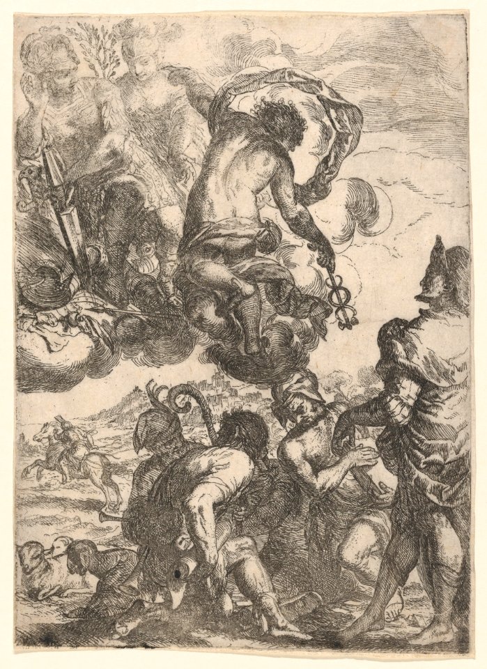 Mercury (Hermes), Juno (?) Mars, and a group of figures below (shepherds, musicians) MET DP863224