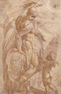 Mars and Cupid (recto); Female Standing Figure with a Helmet and a Shield (Bellona?) (verso) MET 62.601.1a