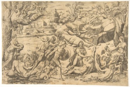Mars and Rhea Silvia- in the centre Mars holds a shield and sword, Rhea Silvia sleeping, Apollo in his chariot upper left MET DP812791
