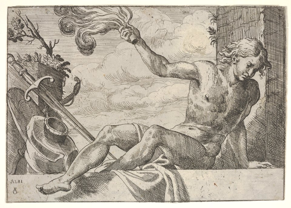 Mars, seated on a wall and bearing a flame with his outstretched right arm, at his feet are resting a breastplate, shield, sword, and bow, from a series of four deities after Giovanni Antonio da Pordenone MET DP833555