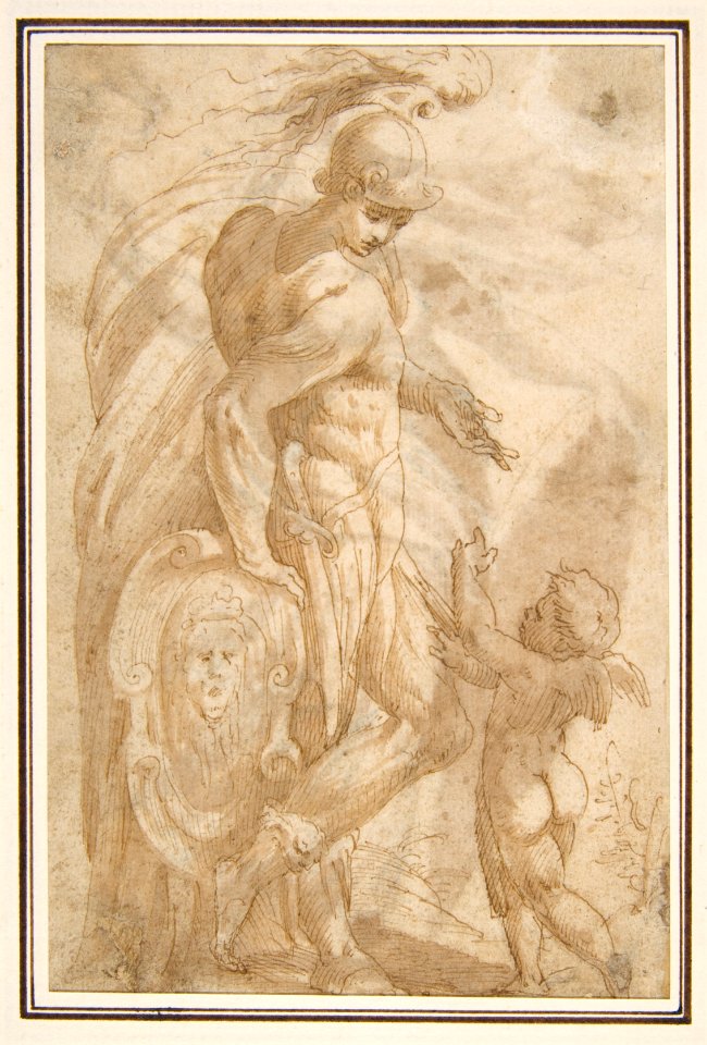 Mars and Cupid (recto); Female Standing Figure with a Helmet and a Shield (Bellona?) (verso) MET DP811728