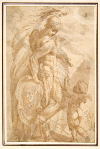 Mars and Cupid (recto); Female Standing Figure with a Helmet and a Shield (Bellona?) (verso) MET DP811728