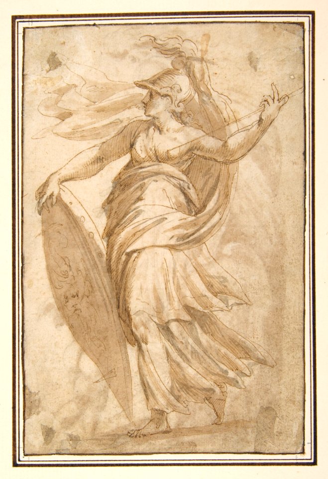 Mars and Cupid (recto); Female Standing Figure with a Helmet and a Shield (Bellona?) (verso) MET DP811729