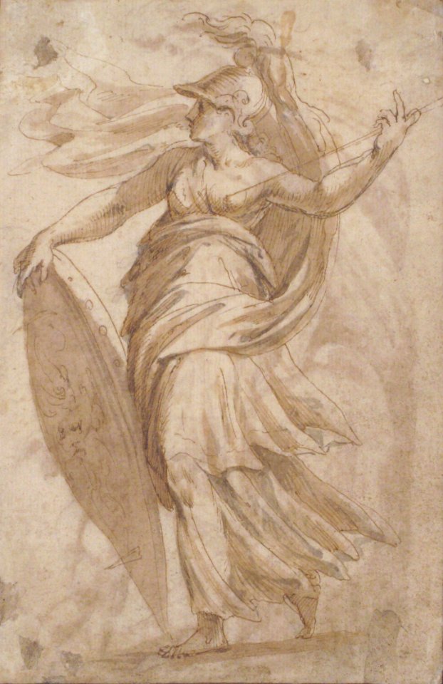 Mars and Cupid (recto); Female Standing Figure with a Helmet and a Shield (Bellona?) (verso) MET 62.601.1b