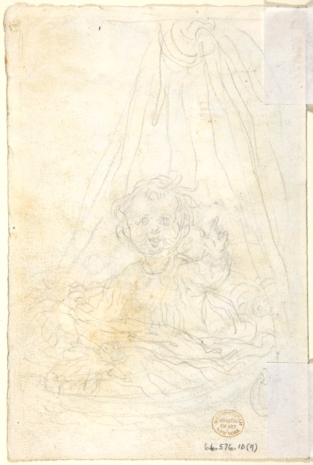 Mother Watching Over Two Young Children Playing (recto); Baby in a Bassinet (verso) MET DP802822