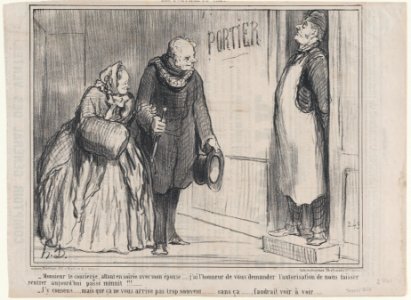 Monsieur le concierge, allant en soirée avec mon épouse..., from Les Portiers de Paris, published in Le Charivari, November 30, 1858 MET DP876726