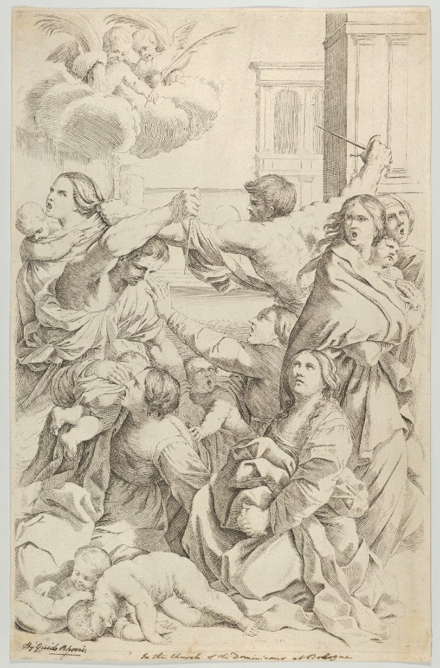 Massacre of the Innocents; group of women and children being attacked, two angels at upper left, after Reni MET DP841302