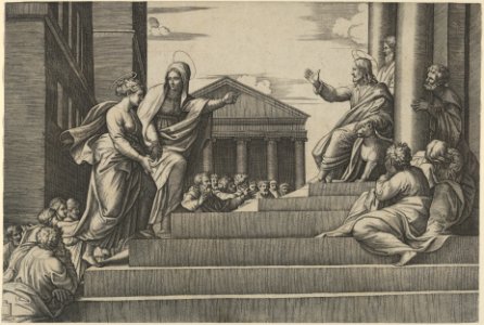 Martha leading Mary Magdalene up a flight of stairs to Christ who is seated at right at the entrance to a temple MET DP852720