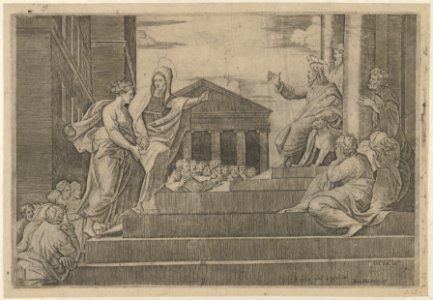 Martha leading Mary Magdalene up a flight of stairs to Christ who is seated at right at the entrance to a temple MET DP852721