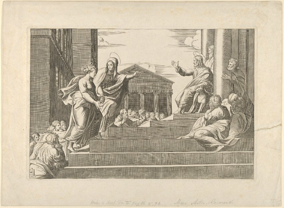 Martha leading Mary Magdalene up a flight of stairs to Christ who is seated at right at the entrance to a temple MET DP852725