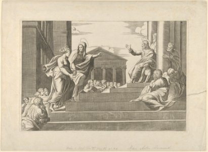 Martha leading Mary Magdalene up a flight of stairs to Christ who is seated at right at the entrance to a temple MET DP852725