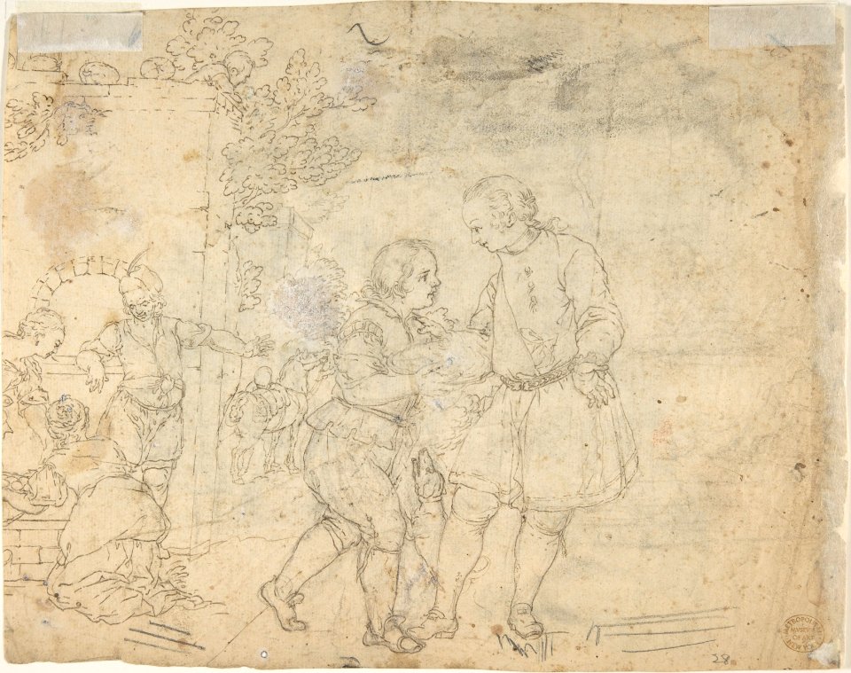 Military Cavaliers Entering Town Accompanied by a Turbaned Torch-bearer. In the foreground- Two Seated Women and a Child (recto); Several Cooks, and Two Pages with a Platter in a Kitchen Yard (verso) MET DP803046