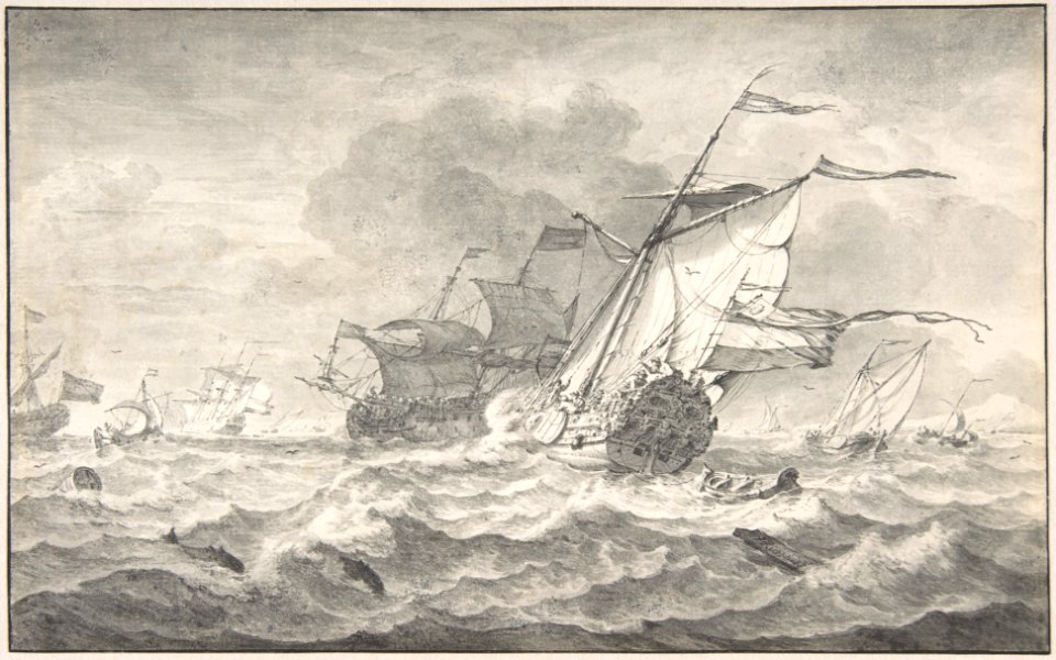 Merchant Ships and Smaller Sailing Boats in a Strong Breeze, Dolphins in the Waves MET DP800605