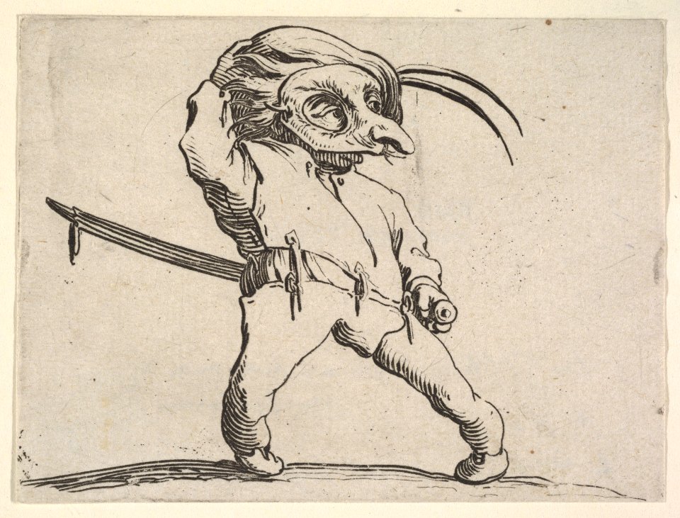 Masked, small male figure with right hand grasping hat and left hand grasping sword hilt, from the series 'Varie figure gobbi' MET DP833456