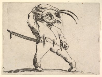 Masked, small male figure with right hand grasping hat and left hand grasping sword hilt, from the series 'Varie figure gobbi' MET DP833456