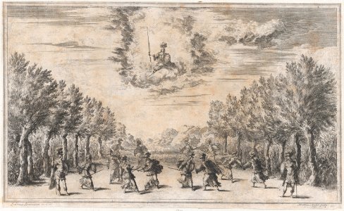 Marsh of Triton; figures battling as Minerva looks on from above; set design from 'Il Pomo D'Oro' MET DP874688