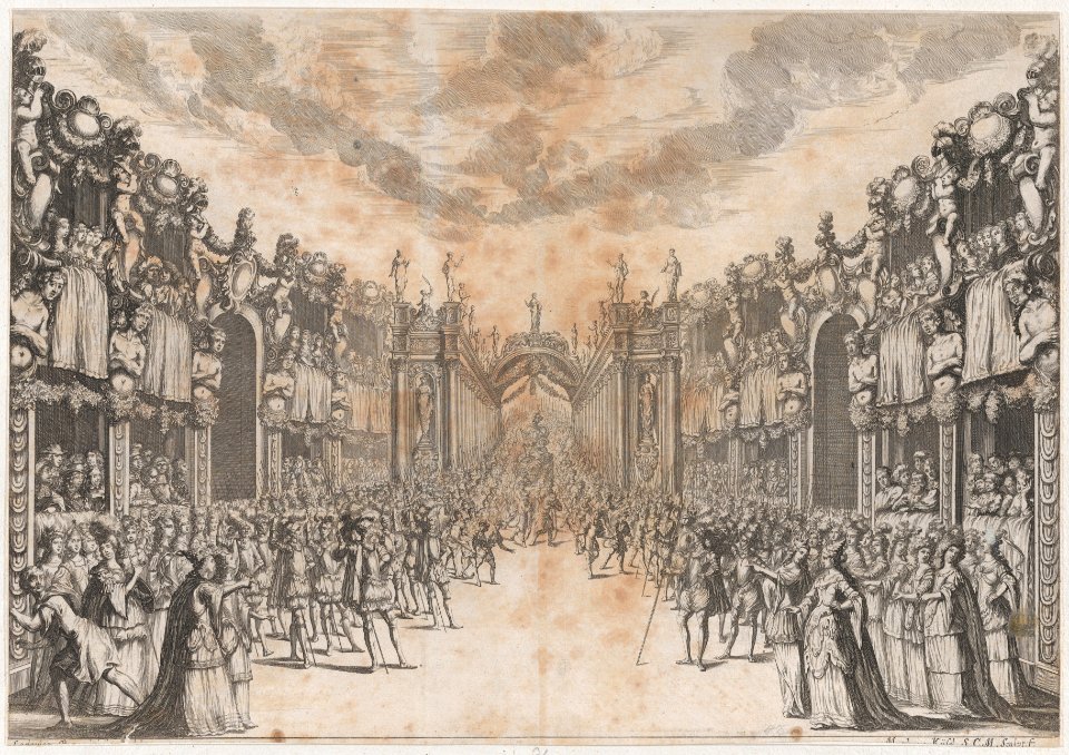 Men and women gathererd in the street to view the entrance of a royal figure, who is carried into the city on a throne; set design from 'La Monarchia Latina Trionfante' MET DP874710