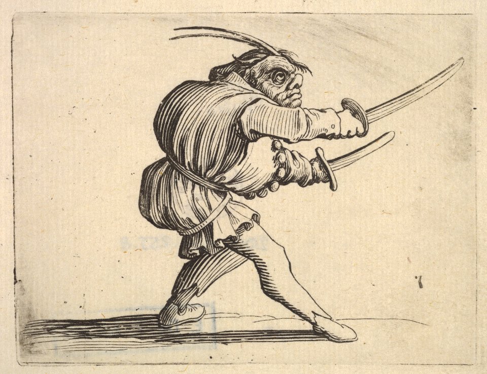 Masked small figure with a sword in both hands, in profile view, striding to the right, from the series 'Varie figure gobbi' MET DP833450