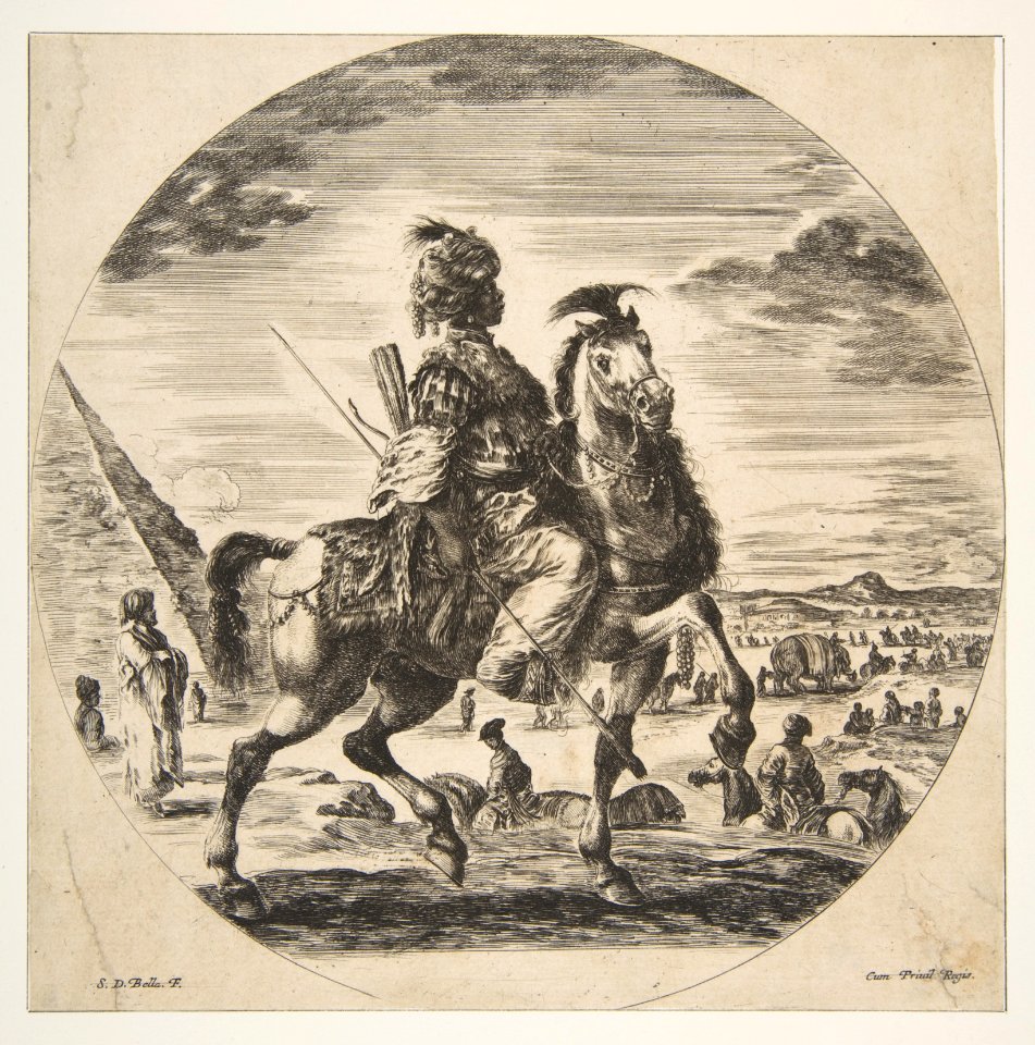 Moorish horseman in profile facing right, in the background a pyramid at left, many figures and an elephant, from 'Figures on Horseback' (Cavaliers nègres, polonais et hongrois) MET DP817537