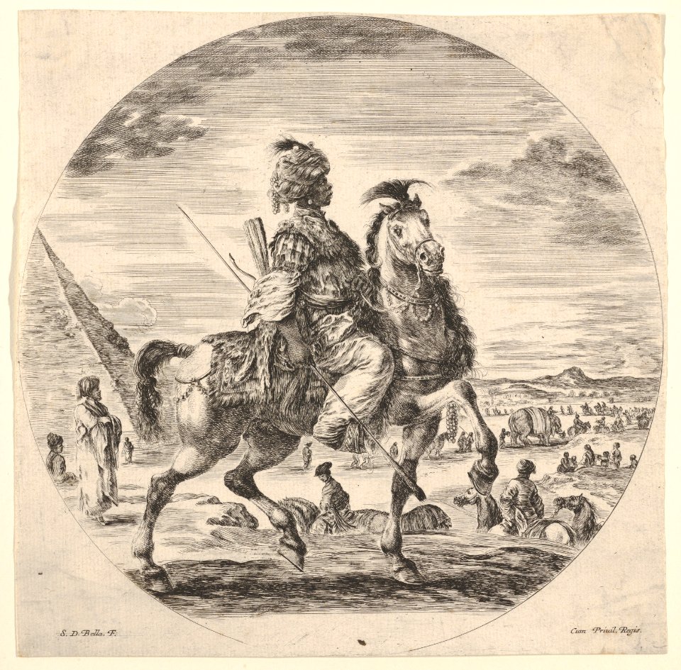 Moorish horseman in profile facing right, in the background a pyramid at left, many figures and an elephant, from 'Figures on Horseback' (Cavaliers nègres, polonais et hongrois) MET DP833229