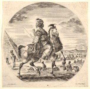 Moorish horseman in profile facing right, in the background a pyramid at left, many figures and an elephant, from 'Figures on Horseback' (Cavaliers nègres, polonais et hongrois) MET DP833229